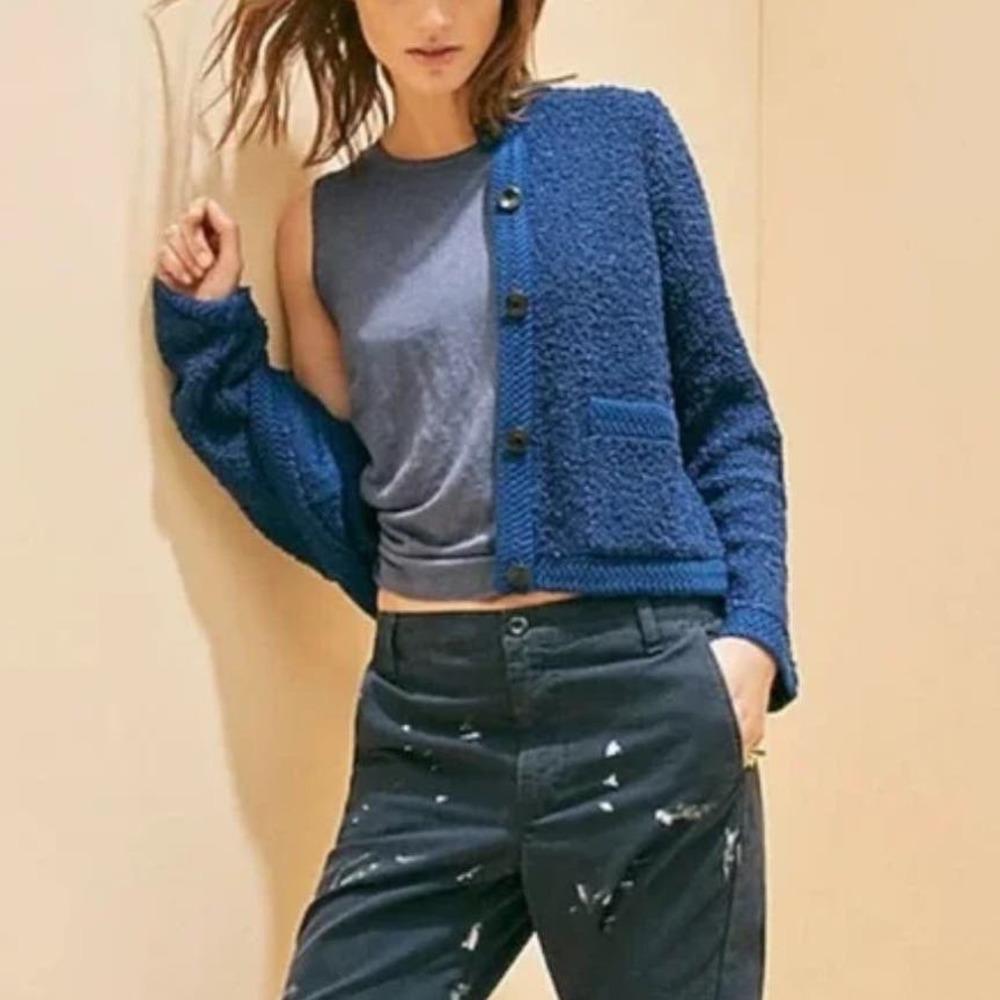 J. Crew Tweedy Textured Cardigan Sweater Blue Pocket Button Size S